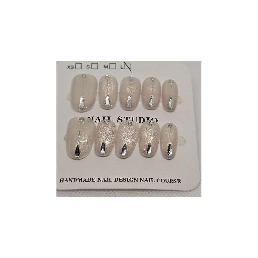 Handmade Champagne Cat Eye Press On Nails Silver Teardrop Gems Size L